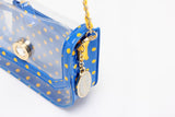 SCORE! Chrissy Small Designer Clear Crossbody Bag - Royal Blue and Yellow Gold