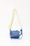 SCORE! Chrissy Small Designer Clear Crossbody Bag - Royal Blue and Yellow Gold