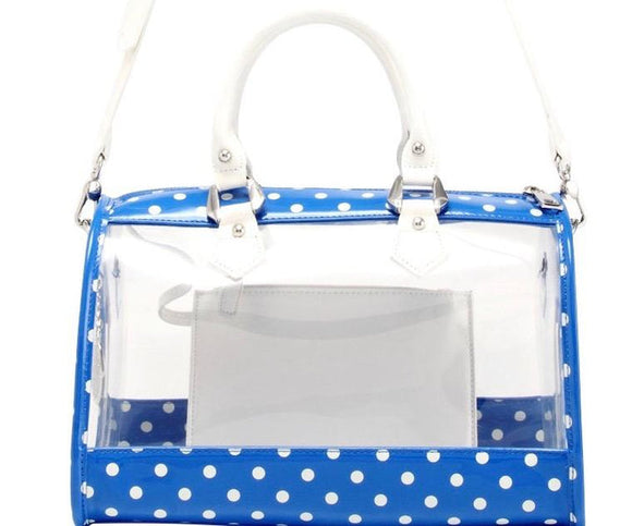 SCORE! Moniqua Large Designer Clear Crossbody Satchel - Imperial Royal Blue and White