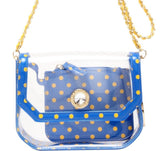 SCORE! Chrissy Small Designer Clear Crossbody Bag - Royal Blue and Yellow Gold