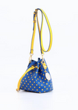 Small Crossbody Polka dot BoHo Bucket Bag- Royal Blue and Gold Yellow