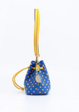 Small Crossbody Polka dot BoHo Bucket Bag- Royal Blue and Gold Yellow