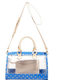 Moniqua Large Designer Clear Crossbody Satchel - Imperial Blue and Metallic Gold