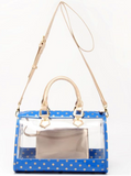 Moniqua Large Designer Clear Crossbody Satchel - Imperial Blue and Metallic Gold