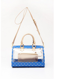 Moniqua Large Designer Clear Crossbody Satchel - Imperial Blue and Metallic Gold