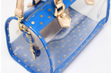 Moniqua Large Designer Clear Crossbody Satchel - Imperial Blue and Metallic Gold