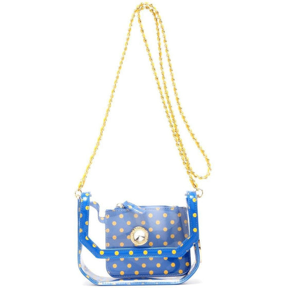 SCORE! Chrissy Small Designer Clear Crossbody Bag - Royal Blue and Yellow Gold