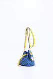 SCORE! Sarah Jean Small Crossbody Polka dot BoHo Bucket Bag- Royal Blue and Gold Yellow