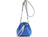 SCORE! Sarah Jean Small Crossbody Polka dot BoHo Bucket Bag- Royal Blue and Gold Gold