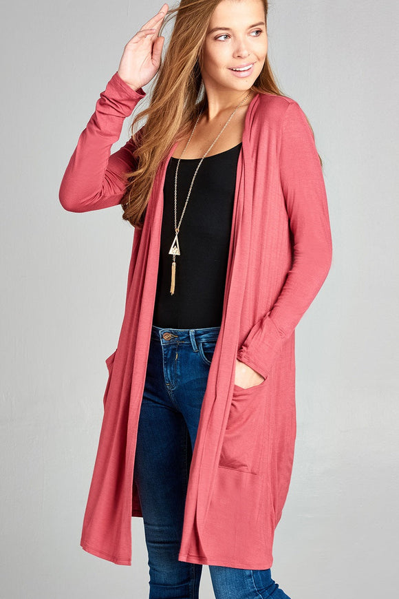 Ladies fashion long sleeve open front w/pocket long length rayon spandex cardigan