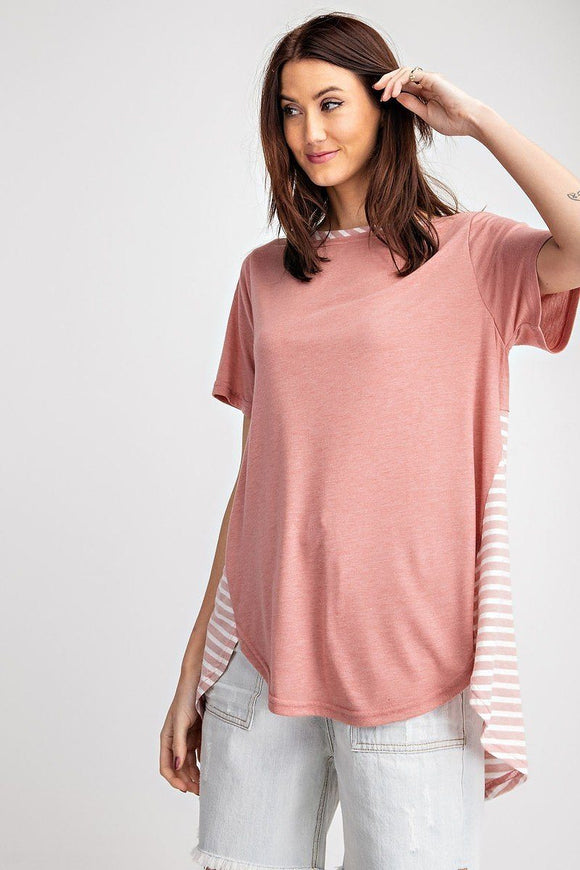 Short Sleeves Rayon Slub Mix And Match Striped Contrast Boxy Top