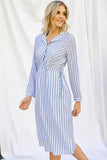 Stripe Print Cinched Waist Long Sleeve Shirt Midi Dress