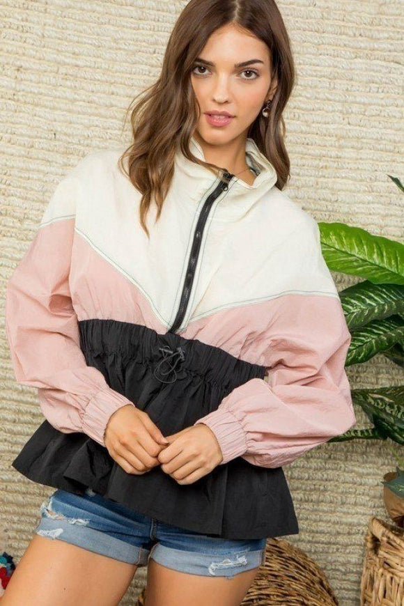 High Neck Zipper Waist Elastic Long Sleeve Bottom Ruffle Color Block Windbreaker