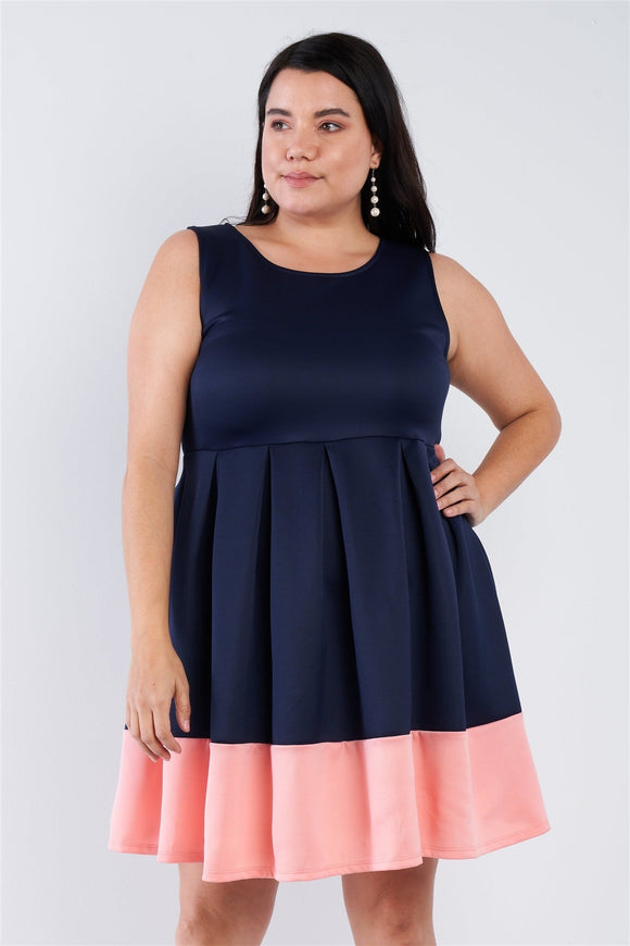 Plus Size Navy Pleated Colorblock Mini Dress