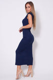 High Neck Cap Sleeve Slitted Basic Midi Dress