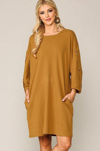 Textured Button Accent Puff Sleeve Side Pockets Shift Dress