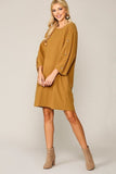 Textured Button Accent Puff Sleeve Side Pockets Shift Dress