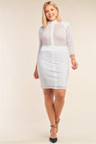 White Plus Size Long Sleeve Chevron Sheer Bodycon Mini Dress