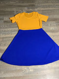 Women's Short Sleeve Scoop Neck Dress Gold Blue Color Block