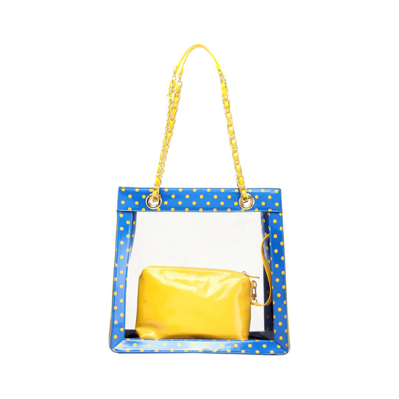 SCORE! Andrea Large Clear Designer Tote for School, Work, Travel - Imperial Blue and Yellow Gold