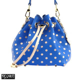 SCORE! Sarah Jean Small Crossbody Polka dot BoHo Bucket Bag- Royal Blue and Gold Gold