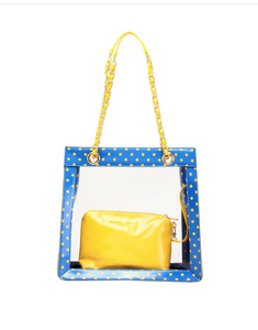 Presale Andrea Large Clear Designer Tote for School, Work, Travel - Imperial Blue and Yellow Gold May 15th