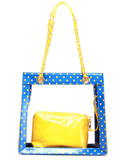 Presale Andrea Large Clear Designer Tote for School, Work, Travel - Imperial Blue and Yellow Gold May 15th