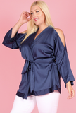 Cold shoulder kimono-wrap blouse P2014