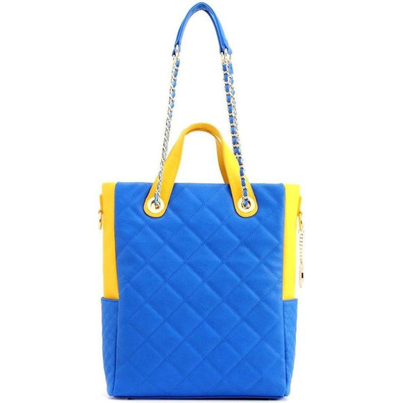 SCORE!'s Kat Travel Tote for Business, Work, or School Quilted Shoulder Bag - Imperial Royal Blue and Yellow Gold