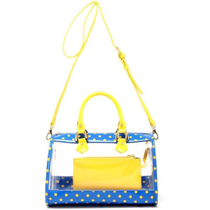 SCORE! Moniqua Large Designer Clear Crossbody Satchel - Imperial Royal Blue and Yellow Gold