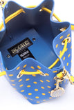 SCORE! Sarah Jean Small Crossbody Polka dot BoHo Bucket Bag- Royal Blue and Gold Yellow