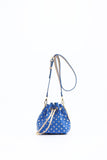 SCORE! Sarah Jean Small Crossbody Polka dot BoHo Bucket Bag- Royal Blue and Gold Gold